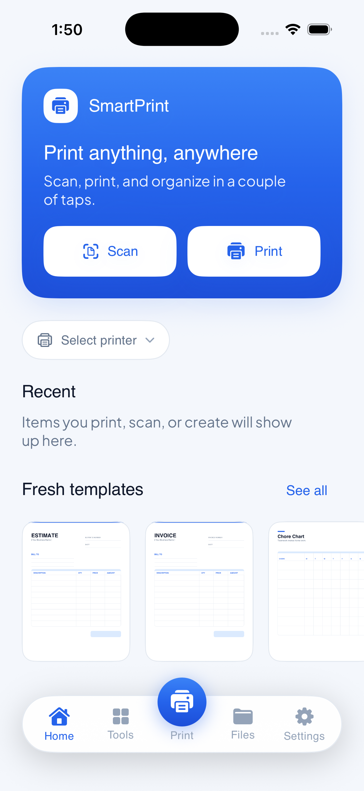 SmartPrint home screen